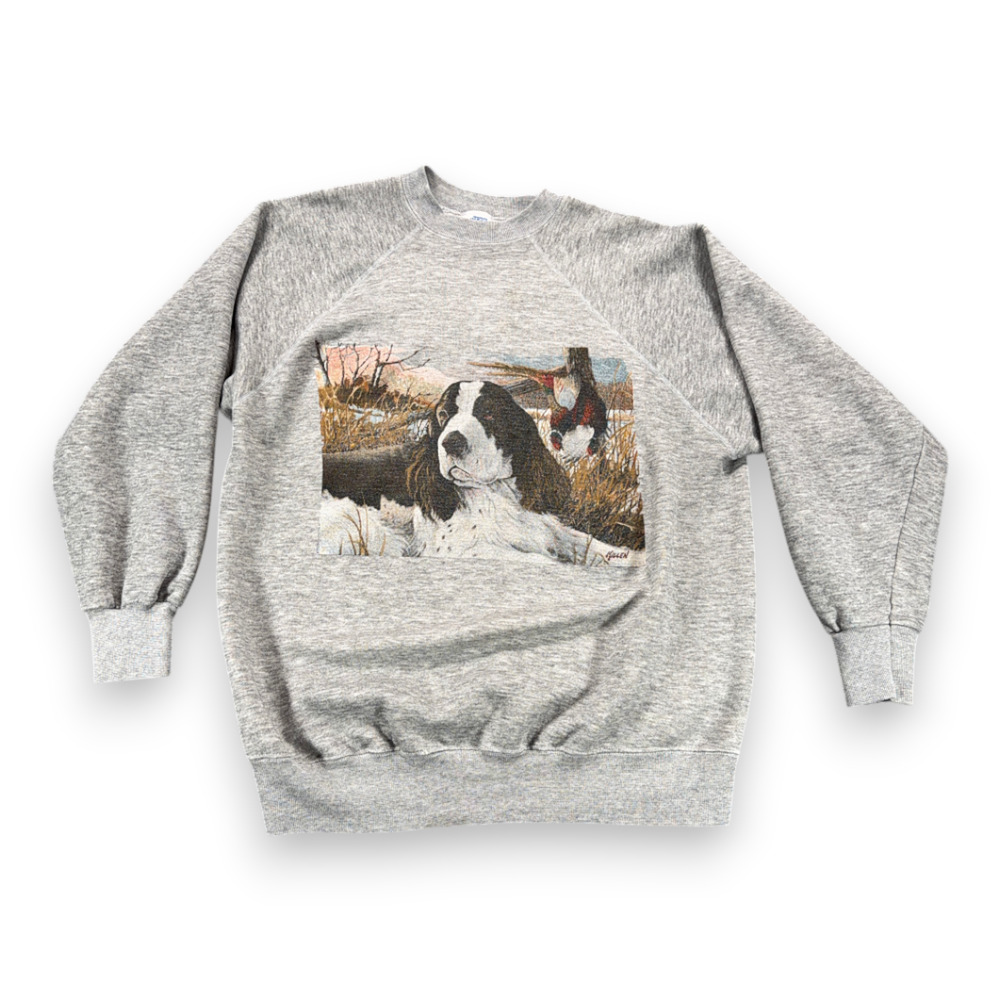 Vintage Hunting Dog Sweater Adult EXTRA LARGE Gray Sweatshirt Spaniel USA 80s